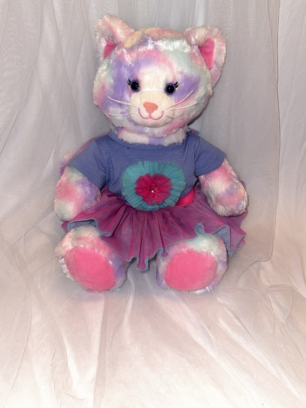 Build-A-Bear Pastel Tie-Dye Cat Plush with Purple Dress and Pink Accents